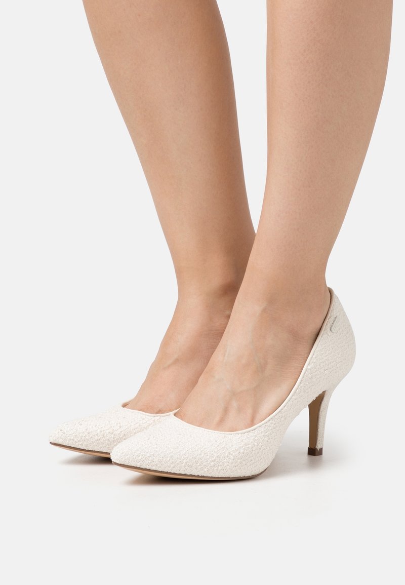 Pieds chaussés de chaussures à talons aiguilles blancs texturés à bout pointu, avec des talons de hauteur moyenne, sur un fond clair uni.
