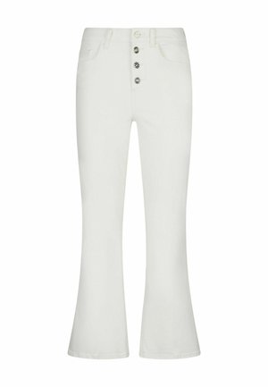 Jeans évasés blancs en denim, avec une fermeture à cinq boutons sur le devant et deux poches arrière. Texture lisse sans embellissements visibles.