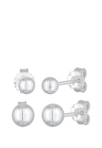 Orecchini a bottone in argento con forma liscia e arrotondata. Due paia inclusi, con superficie lucida e retro a forma di fiore per una chiusura sicura.