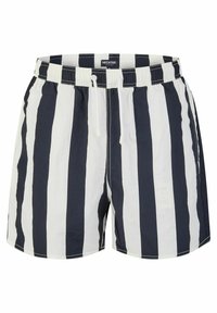 Heren zwembroek in marineblauw en witte verticale strepen, gemaakt van lichtgewicht stof met een elastische tailleband en een verstelbaar trekkoord.