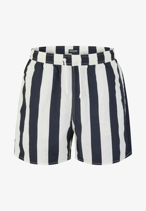 Heren zwembroek in marineblauw en witte verticale strepen, gemaakt van lichtgewicht stof met een elastische tailleband en een verstelbaar trekkoord.