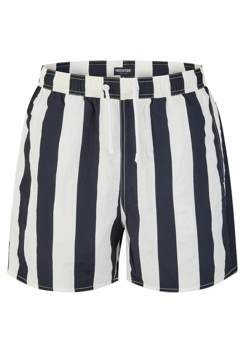 Heren zwembroek in marineblauw en witte verticale strepen, gemaakt van lichtgewicht stof met een elastische tailleband en een verstelbaar trekkoord.