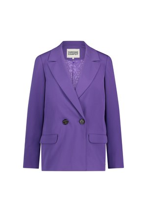 Paars dubbelbaas blazer met gelapte revers, twee voorzakken, zwarte knopen en een gemêleerde voering zichtbaar bij de kraag.