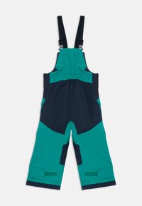 Barnas vanntette overaller med justerbare svarte stropper, elastisk liv og tealfarge og marineblå fargeblokker.