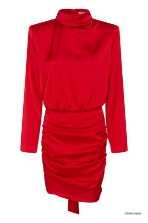 Κόκκινο μίνι φόρεμα με μακριά μανίκια, ψηλό λαιμό και φούστα με ρυτιδώσεις και ασύμμετρο τελείωμα ως διακοσμητικό στοιχείο.