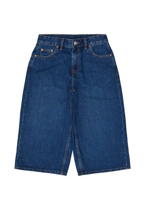 Mørkeblå denim shorts med afslappet pasform, syede detaljer, fem lommer og knaplukning i taljen.