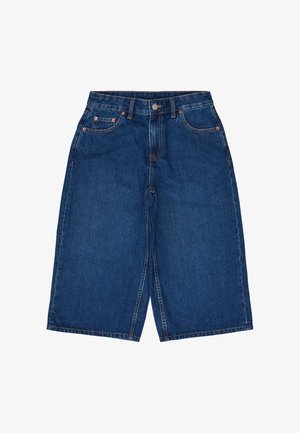 Dark blue denim shorts featuring a relaxed fit, stitched detailing, five pockets, and a button closure at the waistband.