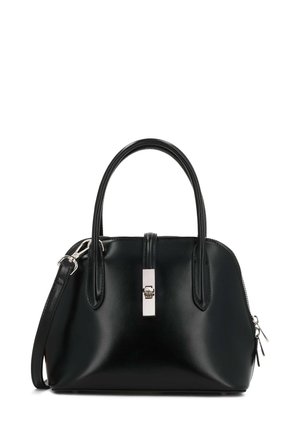 Black leather handbag with rounded handles, silver hardware closure, and a structured design. Features a detachable shoulder strap and zip accents.