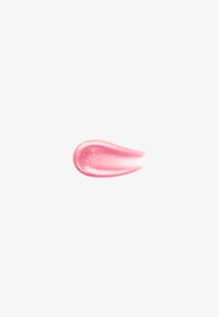 Glossy pink lip gloss swatch with reflective highlights and fine golden sparkles on a white background.