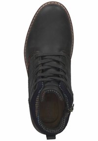Schwarze Lederstiefelette mit runder Zehenpartie, ausgestattet mit dunkelblauen Akzenten und mehrfarbigen gewebten Details um den Schaft und die Nähte.