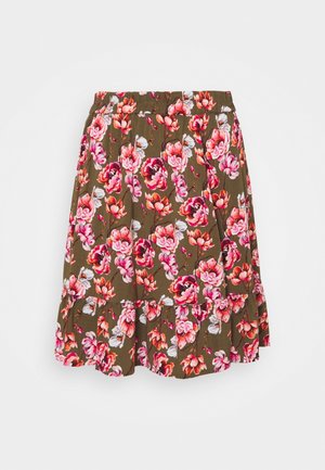 Blumiger Rock mit olivgrünem Hintergrund, der mit rosa und weißen Blumenmustern verziert ist, einem gerafften Saum und einem elastischen Bund.