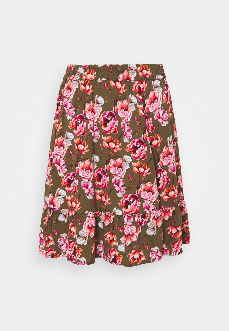 Blommig kjol med olivgrön bakgrund, med rosa och vita blomstertryck, rysch i nederkant och elastiskt midjeband.