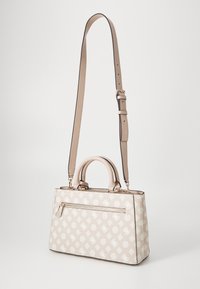 Borsa a mano in pelle beige con un'esterno a motivo, doppi manici superiori e una tracolla regolabile e removibile. Presenta una tasca con zip.