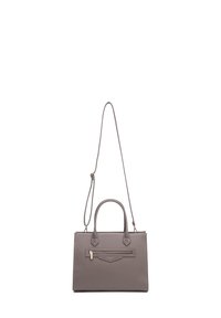 Graue Lederhandtasche mit zwei oberen Griffen, abnehmbarem Schultergurt, vorderer Reißverschlusstasche und minimalistischem Design. Glatte Textur.