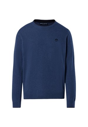 Pull bleu marine à manches longues, fabriqué en matériau doux. Il présente un col rond et un petit logo sur la poitrine. Design simple avec des poignets côtelés.