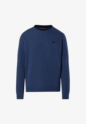 Pull bleu marine à manches longues, fabriqué en matériau doux. Il présente un col rond et un petit logo sur la poitrine. Design simple avec des poignets côtelés.