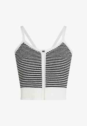 Prugasti kratki top od crno-bijelog pletenog materijala, s podesivim naramenicama i prednjim patentnim zatvaračem s okruglim metalnim ukrasom.