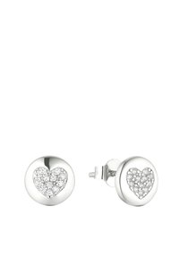 Pendientes de plata con forma ovalada, con un diseño de corazón relleno de pequeños cristales transparentes en el centro.