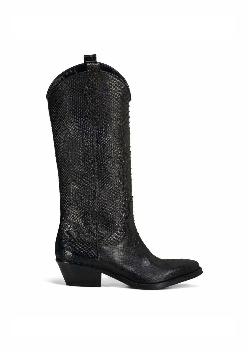 Stivale da cowboy in pelle nera con un motivo a serpente testurizzato, punta appuntita e tacco basso impilato. Include una linguetta sul retro.