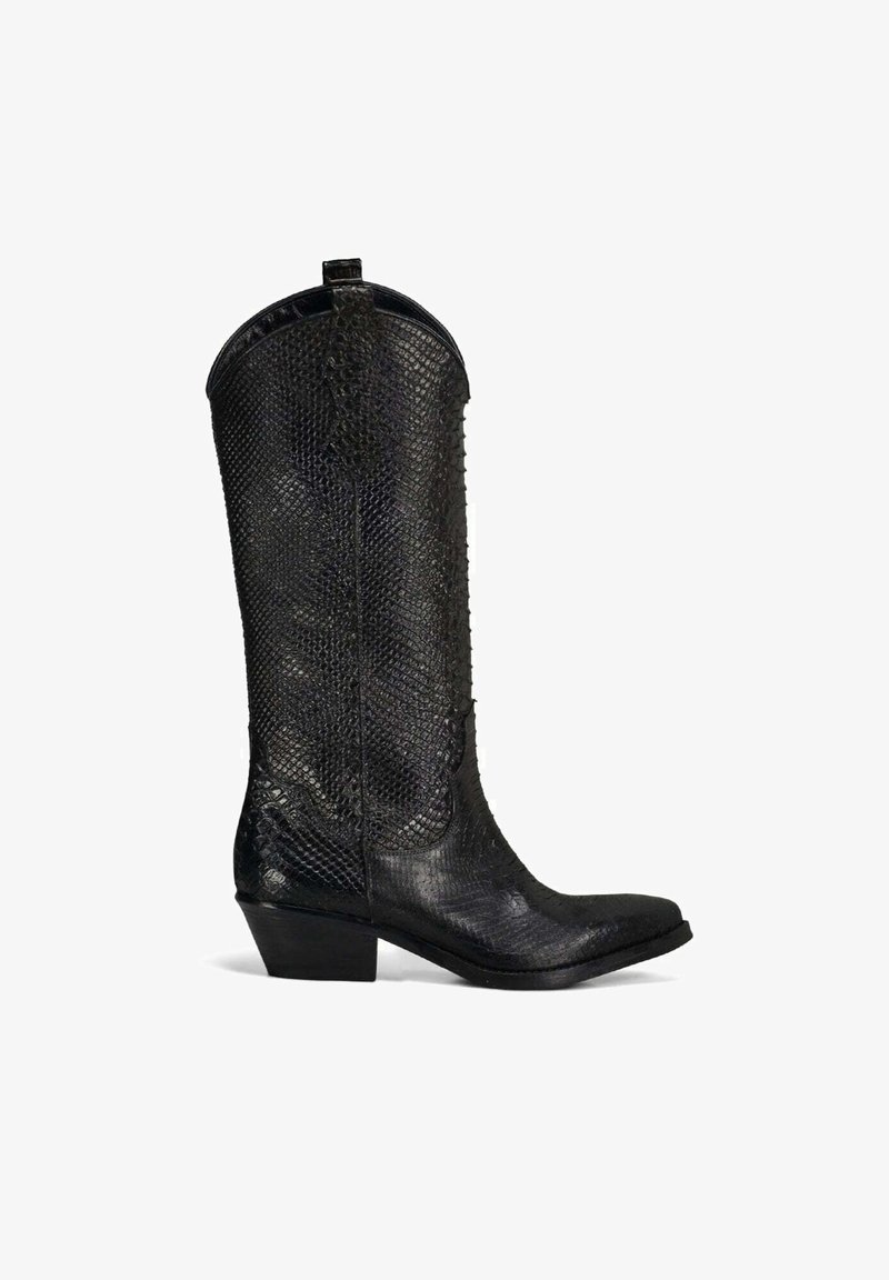 Stivale da cowboy in pelle nera con un motivo a serpente testurizzato, punta appuntita e tacco basso impilato. Include una linguetta sul retro.