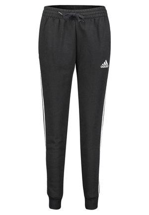 Black sweatpants with a drawstring waist, elastic cuffs, and white side stripes. Features the Adidas logo on the right thigh.