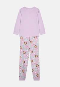 Lilac long-sleeve top paired with pajama bottoms featuring a pink pattern of cartoon characters and animals on a light purple background.
