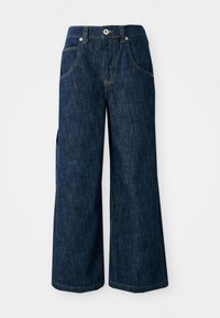 Jeans a gamba larga in denim blu scuro con vita alta, tasche frontali e cuciture a contrasto. Il tessuto ha una consistenza liscia e una sensazione di robustezza.