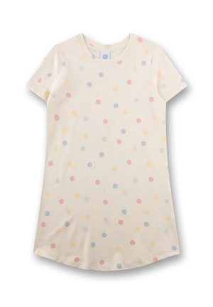 Cremefarbenes Kleid mit kurzen Ärmeln und rundem Ausschnitt, verziert mit verstreuten Pastell-Punkte in Rosa, Blau, Gelb und Grau.