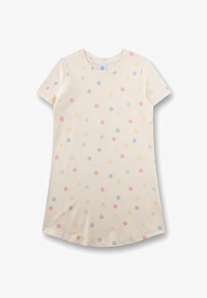 Cremefarbenes Kleid mit kurzen Ärmeln und rundem Ausschnitt, verziert mit verstreuten Pastell-Punkte in Rosa, Blau, Gelb und Grau.