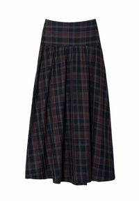 Jupe à carreaux avec une taille haute, arborant des couleurs bleu foncé, bordeaux et gris. Le tissu est léger avec un design fluide.
