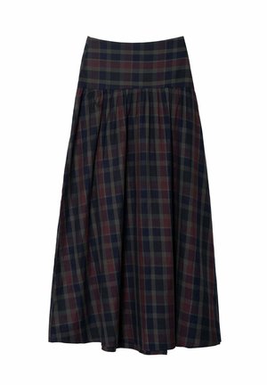 Falda de cuadros con cintura alta, en colores azul oscuro, burdeos y gris. La tela es ligera y tiene un diseño fluido.