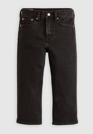 Calças de ganga pretas com corte reto, design de cinco bolsos, rebites de cobre e fecho de botão. O tecido tem uma textura suave e um acabamento uniforme.