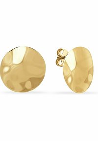 Gyllene cirkulära studörhängen med en polerad yta, med mjuka kurvor och en säker bakre stängning.