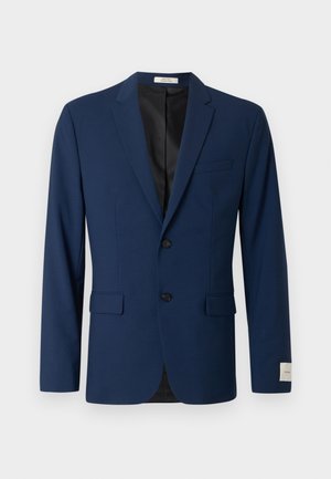 Marineblauer Herrenblazer mit Kerbkragen, zwei schwarzen Knöpfen, Pattentaschen, Brusttasche und schwarzer Innenfütterung.