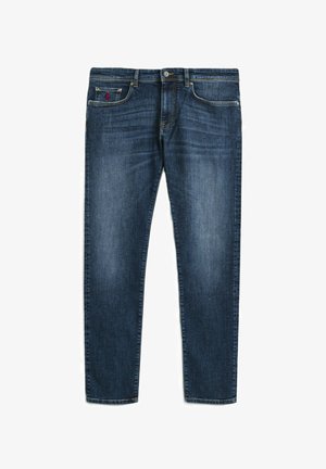 Jeans in denim blu scuro con taglio a gamba dritta, caratterizzati da una leggera scoloritura, design a cinque tasche e chiusura frontale con bottoni.