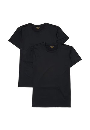 Dos camisetas negras de manga corta y sencillas se superponen, ambas colocadas planas sobre un fondo blanco, mostrando el frente y los cuellos redondos.