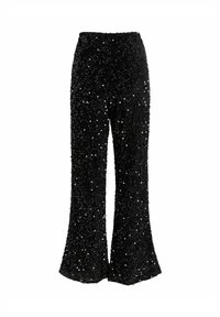 Črne hlače z visokim pasom, prekrite s črnimi šljokicami, z ravnim krojem, ki se rahlo razširi pri spodnjem robu.