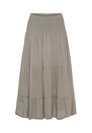 Lysegrå lagdelt maxinederdel med rynket talje og flydende stofpaneler, designet til afslappet eller boheme-stil.