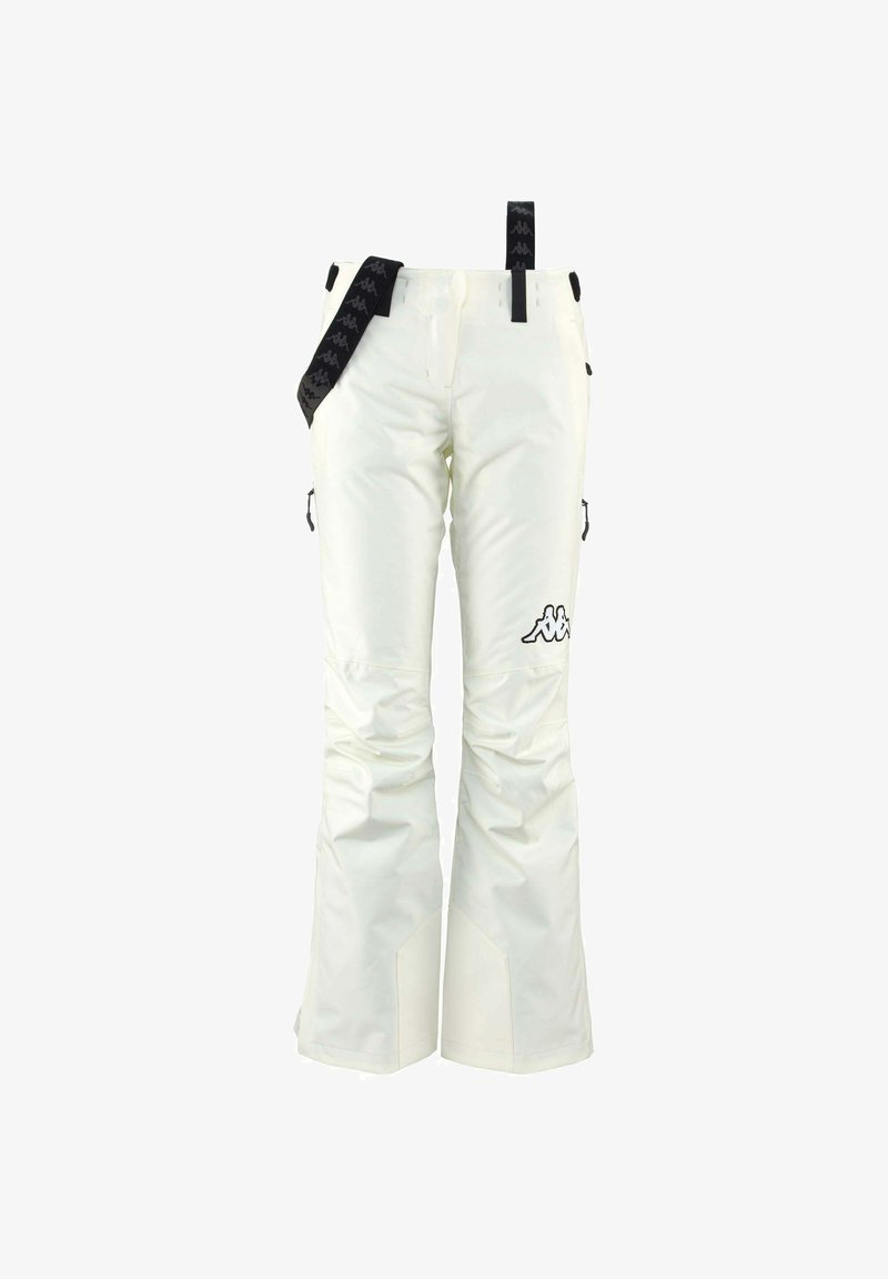 Pantaloni da sci bianchi con finitura lucida, dotati di una cintura nera con accenti di logo, due tasche laterali e polsini regolabili.