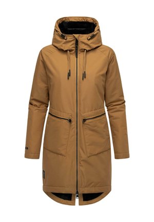 Veste extérieure brown à capuche avec fermeture éclair sur le devant, deux poches avant, accents en matériel noir, et un ourlet arrière légèrement allongé.