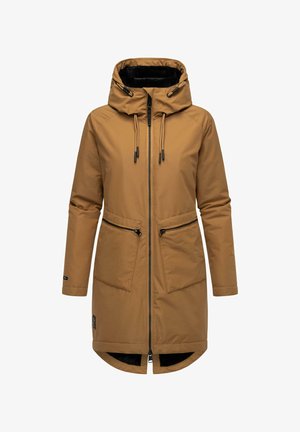 Brown, hooded outerwear jacket with a zipper front, two front pockets, black hardware accents, and a slightly elongated back hem.