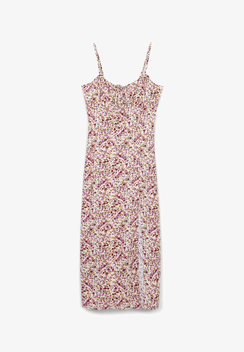 Robe midi sans manches avec fines bretelles, imprimé floral rose, violet et jaune, avec une fente avant sur le côté droit.