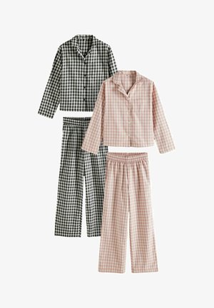 To sæt ternede pyjamas: et i sort og hvidt, det andet i pink og hvidt, begge med lange ærmer og bukser med elastisk talje.