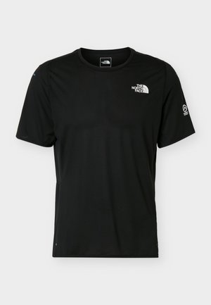 Zwart atletisch T-shirt met korte mouwen met het The North Face-logo op de borst en een klein rond logo op de rechtermouw.