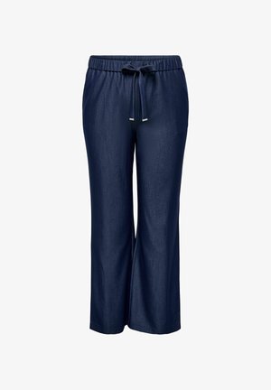 Granatowe spodnie o szerokich nogawkach wykonane z miękkiego denimu. Posiadają elastyczny pas ze sznurkiem oraz gładką fakturę. Bez widocznych wzorów ani akcentów.