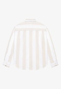 Striped shirt featuring alternating light beige and white stripes, with a button-down collar and long sleeves, made from a smooth fabric.