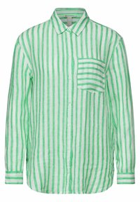 Green and white striped long-sleeve shirt made of lightweight fabric. Features a classic collar and a single chest pocket with horizontal stripes.