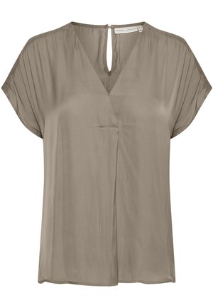 Blúzka s krátkym rukávom v tlmenej taupe farbe, s V-výstrihom, drapovaným materiálom a otvorom v tvare kľúča na zadnej strane pre detail.