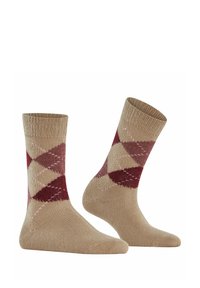 Calze fino al ginocchio color beige con motivo argyle a rombi in burgundy, rosa e crema. Texture a maglia con bordo a coste.