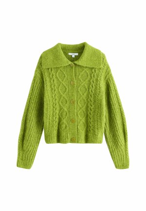 Knit cardigan in bright green, featuring a collared neckline, button front, and textured cable patterns. Short, wide sleeves.